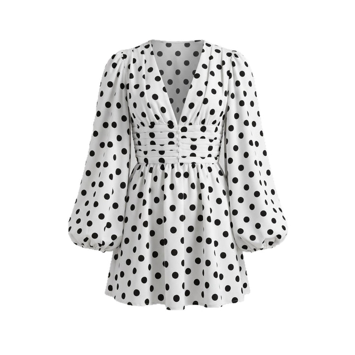 Damen Kurzes Polka‑Dot Kleid mit tiefem V‑Ausschnitt, Ballonärmeln und Knopfleiste Echoarchiv