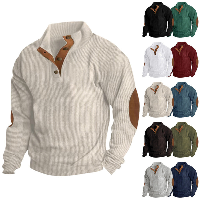 Herren Waffelstrick-Henley-Pullover mit Stehkragen und Ellbogen-Patches Echoarchiv