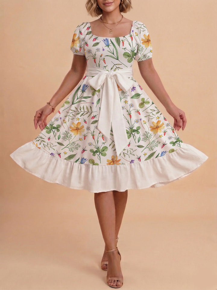 Damen modernes Blumenkleid mit elegantem Taillengürtel und asymmetrischem Saum Echo Archiv