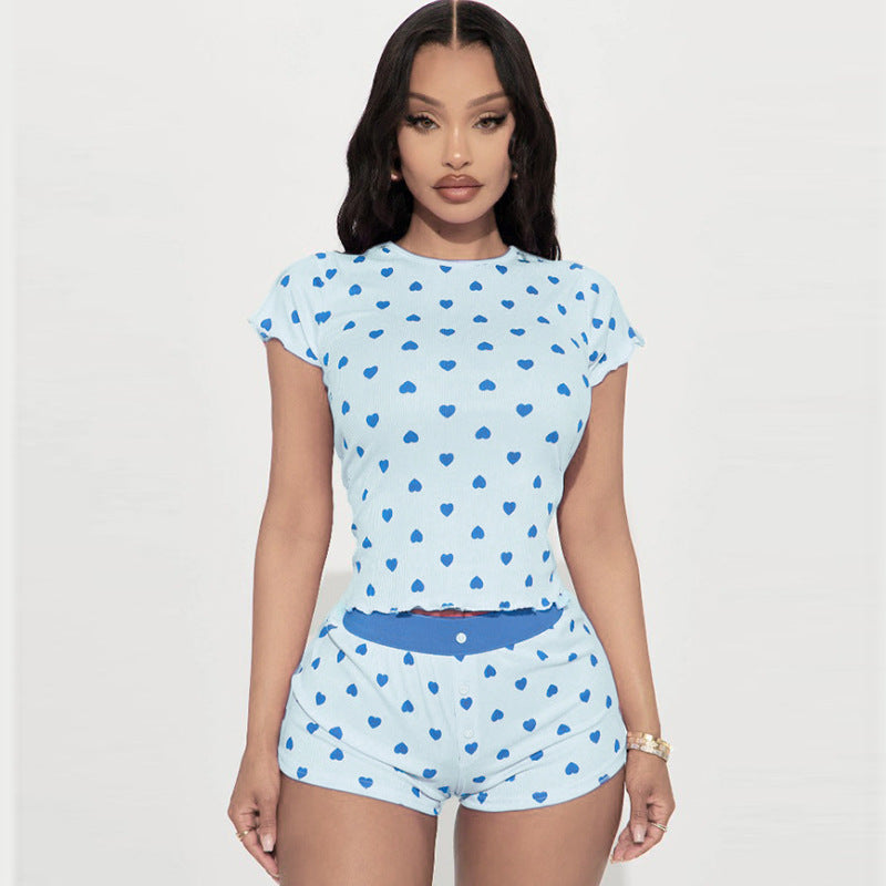 Damen Pyjama Set mit herzförmigem Muster und elastischem Bund Echo Archiv