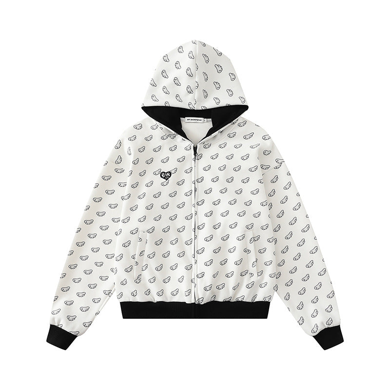 Damen Kapuzensweatjacke mit Allover‑Flügelmotiv, durchgehendem Reißverschluss und kontrastierenden Bündchen Echoarchiv