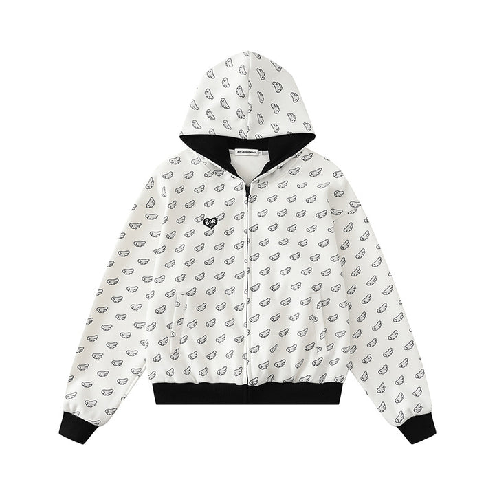 Damen Kapuzensweatjacke mit Allover‑Flügelmotiv, durchgehendem Reißverschluss und kontrastierenden Bündchen Echoarchiv