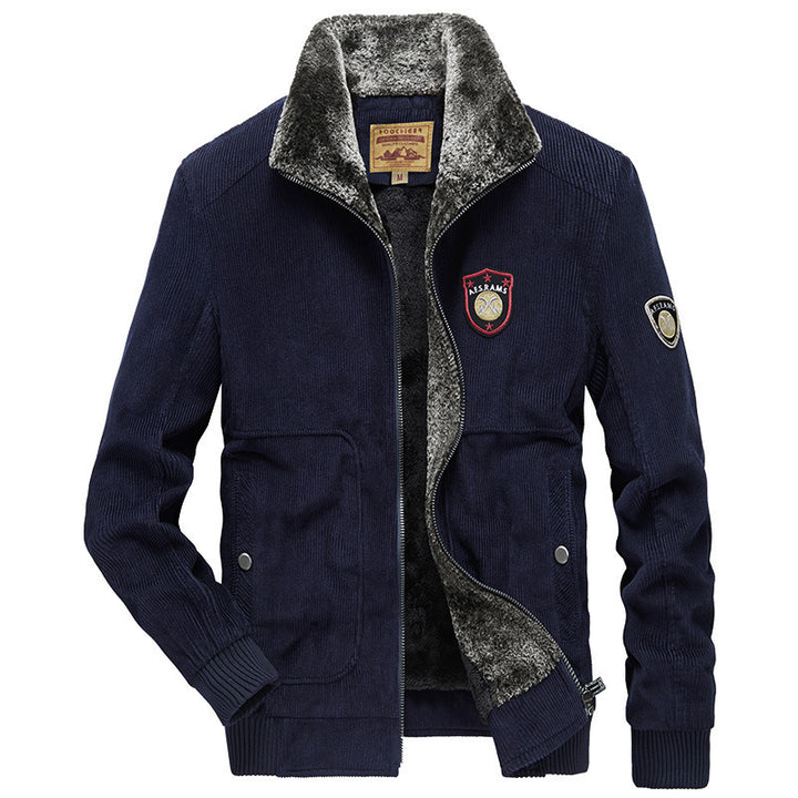 Herren Cord‑Strickjacke mit wärmender Teddyfleece‑Innenlage und Badge‑Details – Taviero