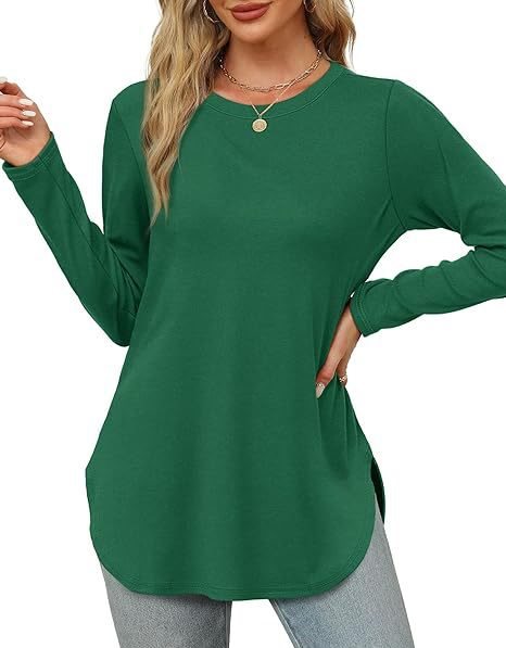 Damen Lässiges Longsleeve-Tunikaoberteil mit Rundhalsausschnitt, Seitenschlitzen und Aquarell-Blattprint Echo Archiv