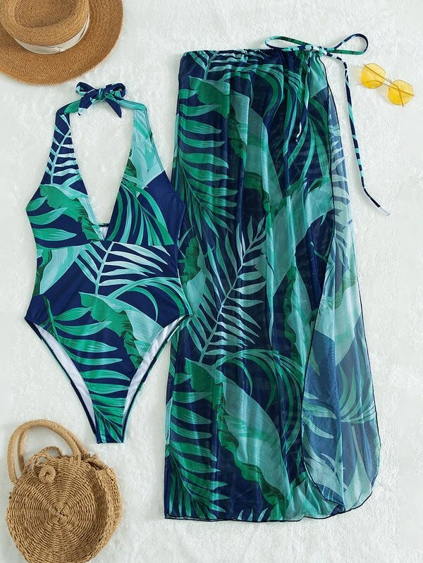 Damen Eleganter Einteiler mit blumigen Mustern und passendem Sarong Echo Archiv