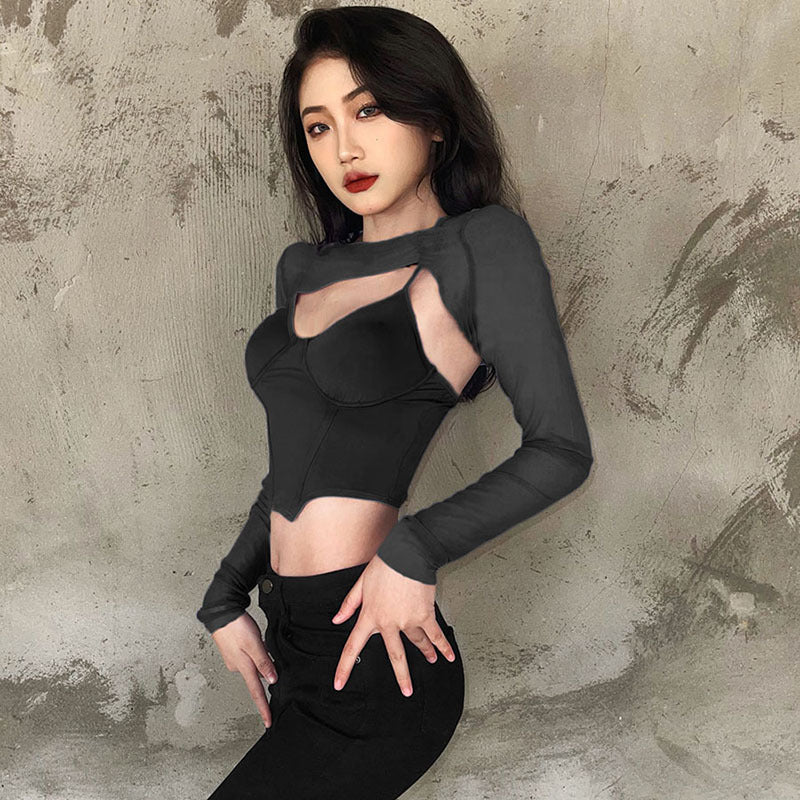 Damen Modisches Longsleeve Oberteil mit transparentem Material und integrierter Unterbruststütze Echo Archiv