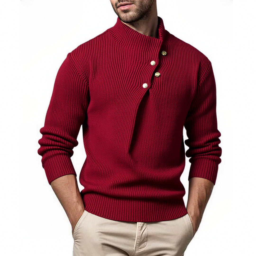 Herren modischer Strickpullover mit Stehkragen und asymmetrischer Knopfleiste Echoarchiv