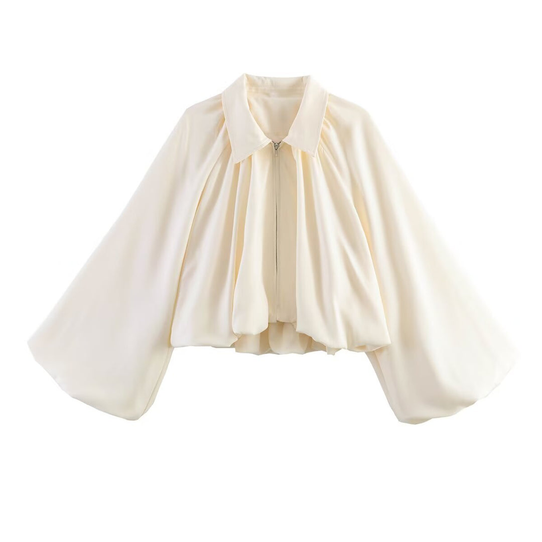 Damen Cropped-Blusenjacke mit Hemdkragen, geraffter Passe und weitem Volumenärmel Echoarchiv