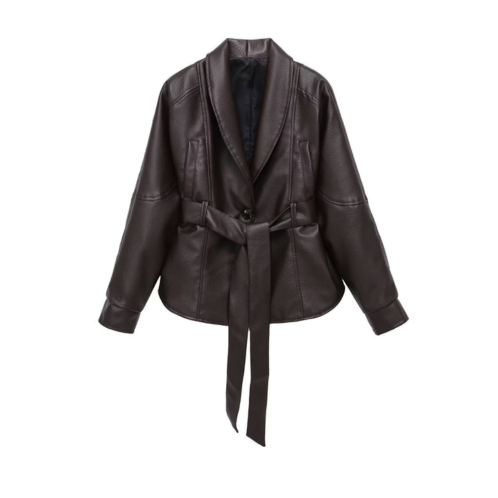Damen kastiger Kunstlederjacke mit Schalkragen, Taillengürtel und genarbter Oberfläche – Célinea