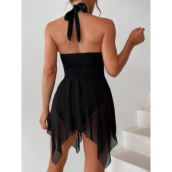 Damen Eleganter Wickel-Badeanzug mit tiefem V-Ausschnitt und Chiffonrock Echo Archiv