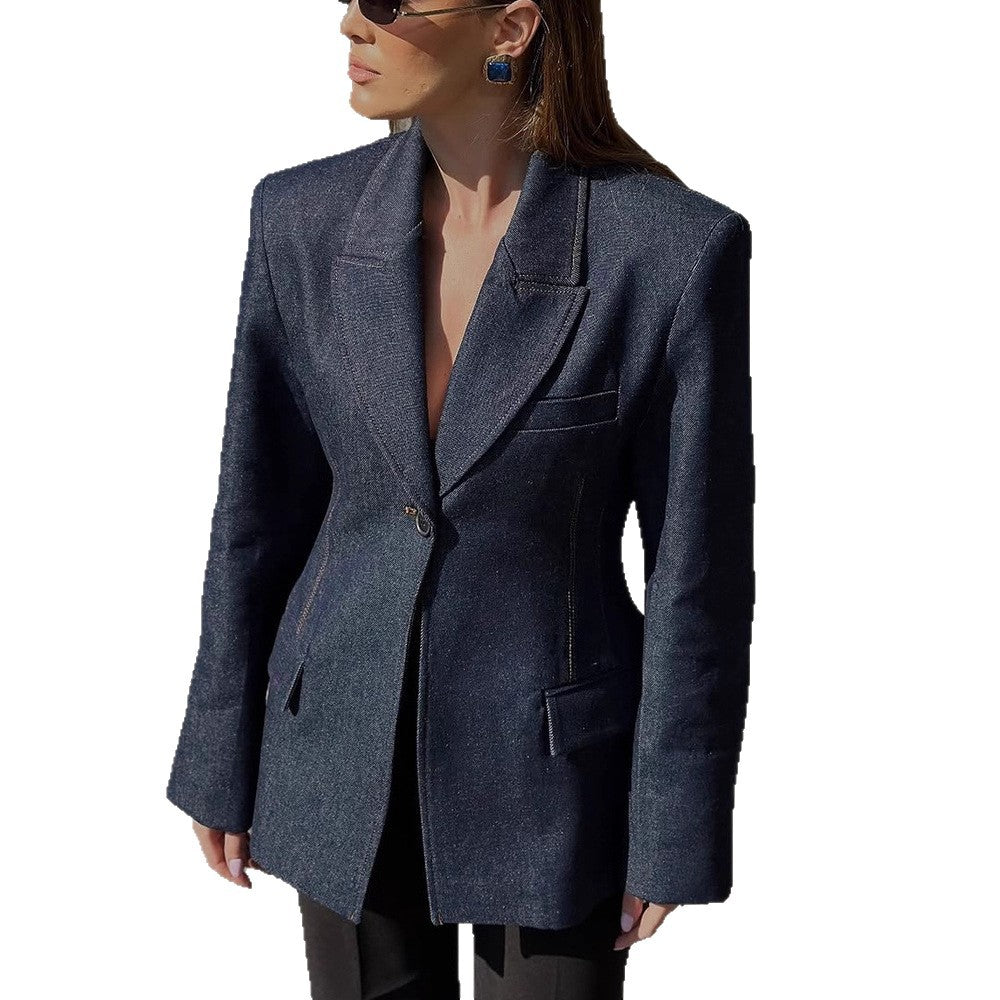 Damen taillierter Jeansblazer mit geschwungenem Revers Echoarchiv