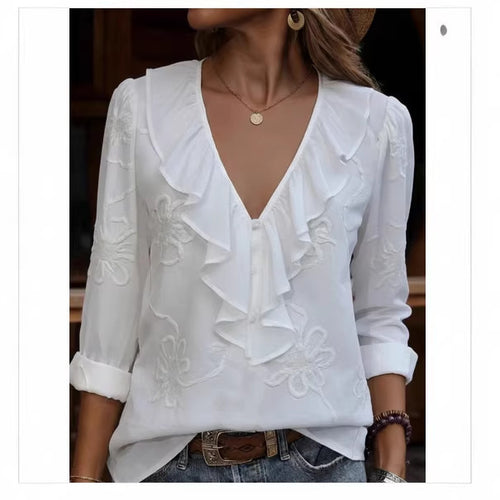 Damen elegante Bluse mit Volant und floralem Stickmuster Echo Archiv