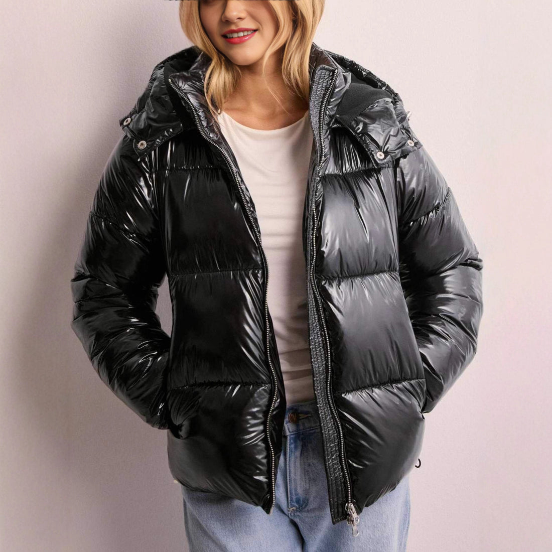 Damen Trendige Hochglanz Daunenjacke mit Kapuze – Célinea