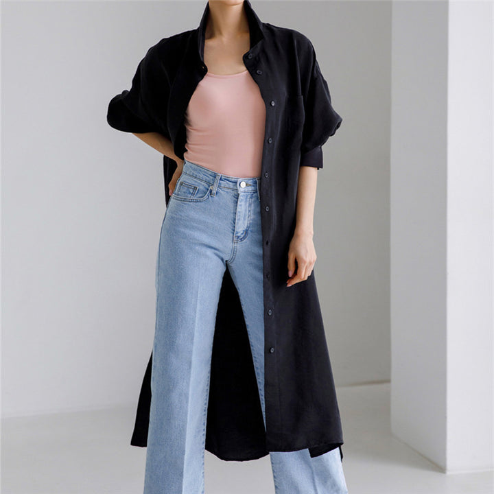 Damen Weites Oversize-Hemdblusenkleid mit Brusttasche und hohen Seitenschlitzen – Lunéa