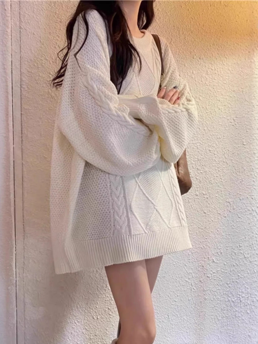 Damen Oversize Zopfmuster-Longpullover mit Rundhals und Ballonärmeln Echoarchiv