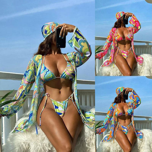 Damen Bikiniset mit farbenfrohem Überwurf und raffiniertem Schnitt Echo Archiv