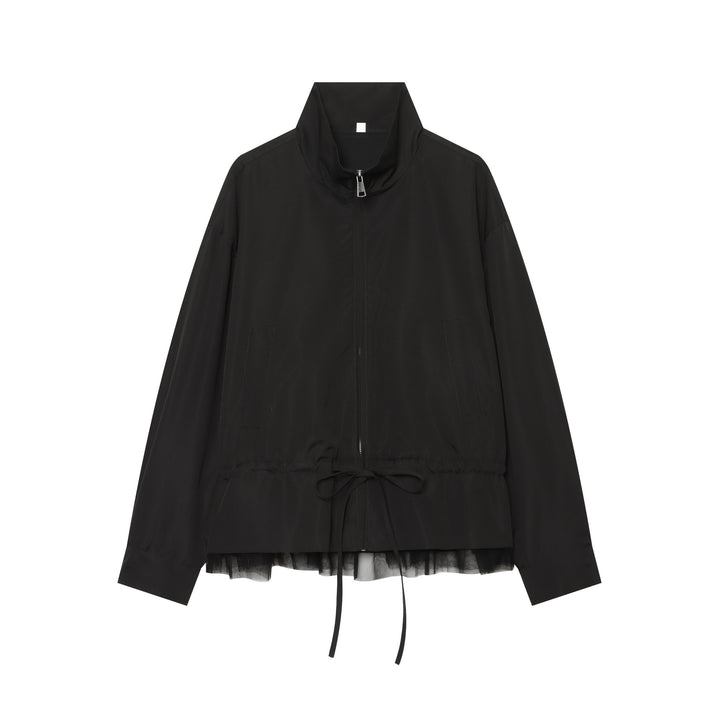 Damen Leichte Cropped Übergangsjacke mit Stehkragen, Tunnelzugtaillierung und Tüllbesatz Echo Archiv