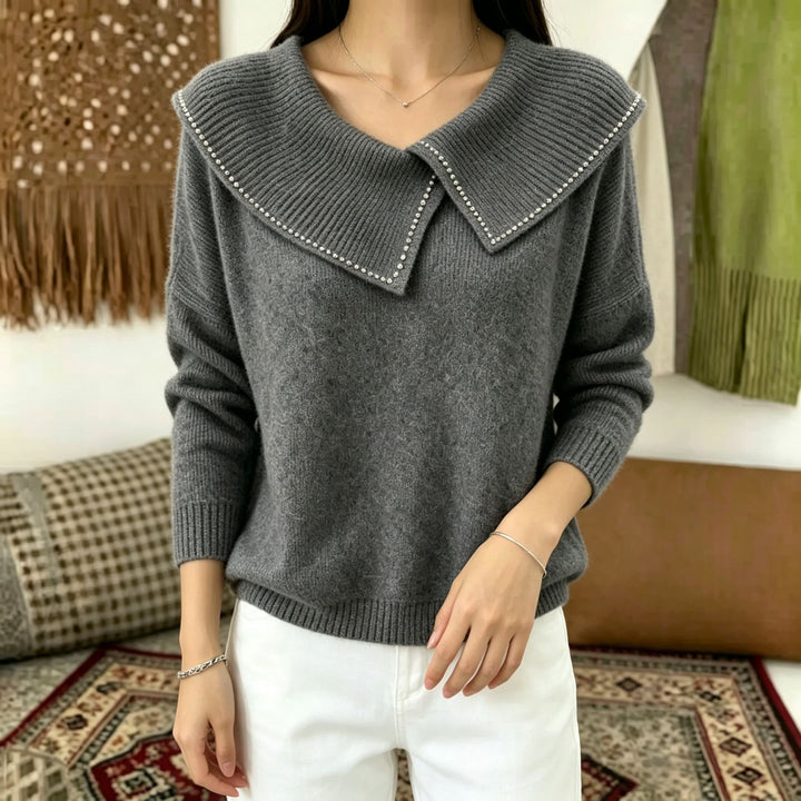Damen Pullover mit übergroßem Matrosenkragen und Perlenbesatz – Mavelle