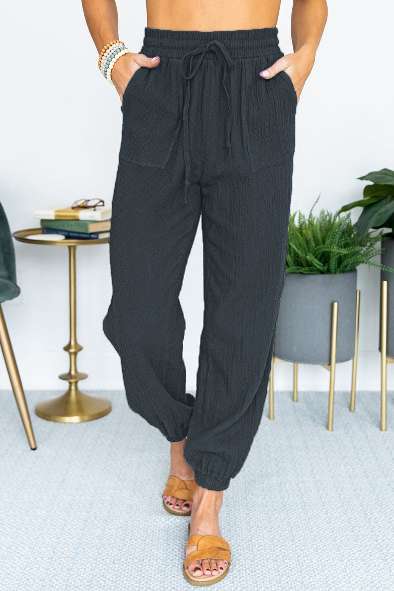 Damen Leichte Leinen-Joggerhose mit Tunnelzug, aufgesetzten Taschen und elastischen Bündchen Echo Archiv