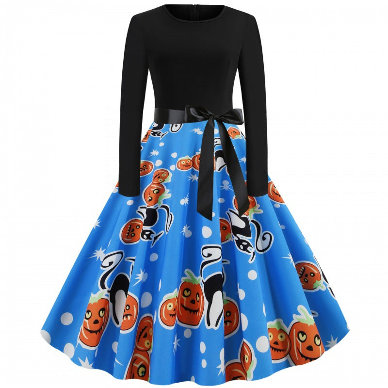 Damen Vintage Swingkleid mit Kürbisprint, langärmlig und taillierter Satinschleife – Élara