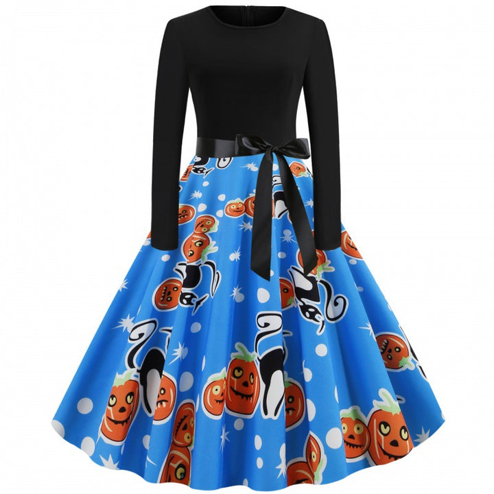 Damen Vintage Swingkleid mit Kürbisprint, langärmlig und taillierter Satinschleife – Élara