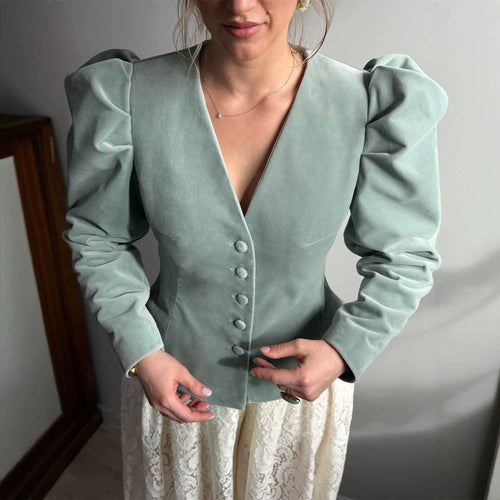 Damen Taillierter Samtblazer mit betonter Taille, V-Ausschnitt und voluminösen Puffärmeln Echoarchiv
