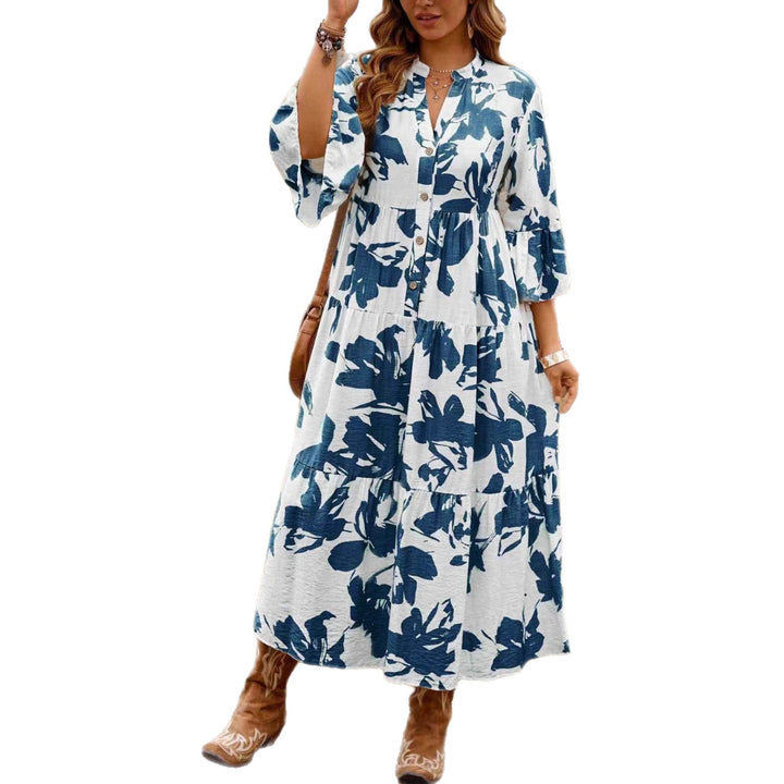 Damen Langes Stufenkleid mit V-Ausschnitt, Knopfleiste und Volantärmeln – Élara