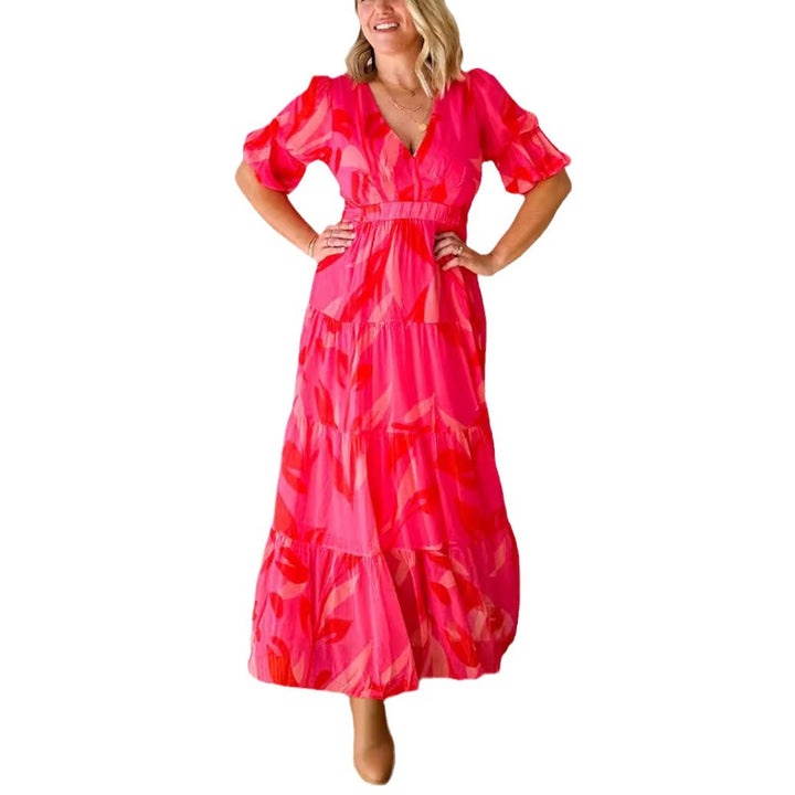 Damen nan ausgestelltes Maxikleid mit V-Ausschnitt, elastischer Unterbrustnaht und gestuftem Rock Echo Archiv