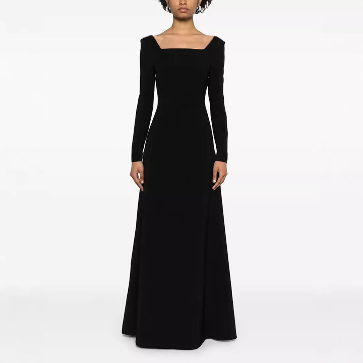 Damen Maxilanges Abendkleid im minimalistischen A-Linien-Schnitt mit quadratischem Ausschnitt und langen Ärmeln Echoarchiv