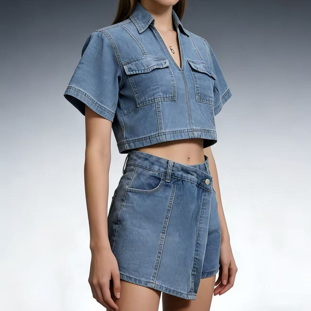 Damen modisches cropped Hemd mit aufgesetzten Taschen und lässigen Shorts Echo Archiv