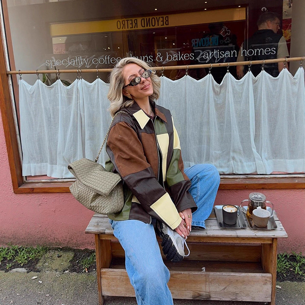 Damen Patchwork-Lederjacke mit Reißverschluss und Oversize-Boxy-Schnitt Echoarchiv