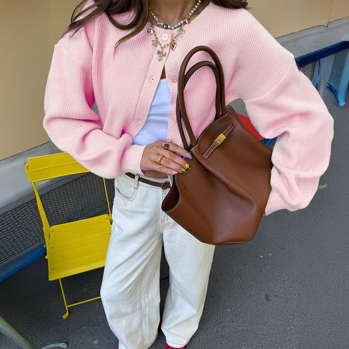 Damen kurzes Rippstrick-Cardigan mit Rundhalsausschnitt, ballonärmel und markanter Knopfleiste – Veloura