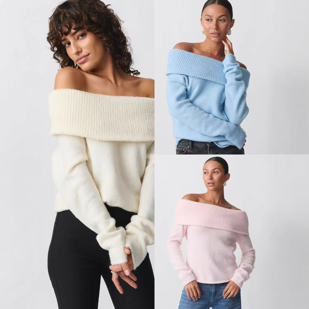 Damen nan Off-Shoulder Grobstrickpullover mit breitem Umschlagkragen und lässiger Oversize-Passform Echo Archiv