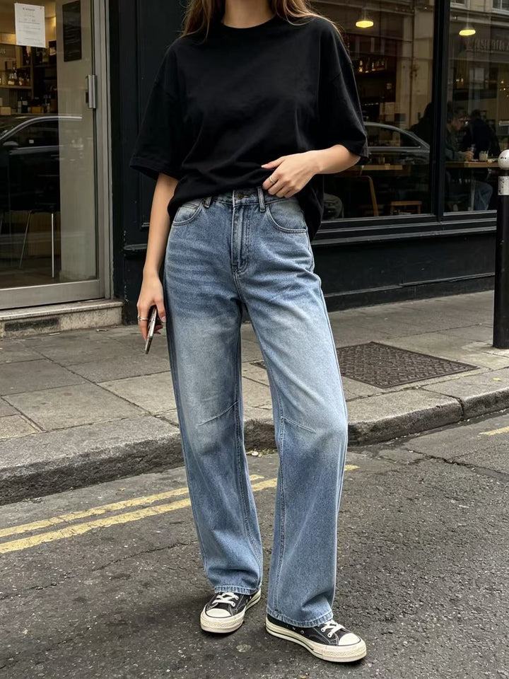 Damen nan hochgeschnittene weite Jeans mit geradem Bein, Knieabnähern und klassischem Five‑Pocket‑Schnitt Echo Archiv