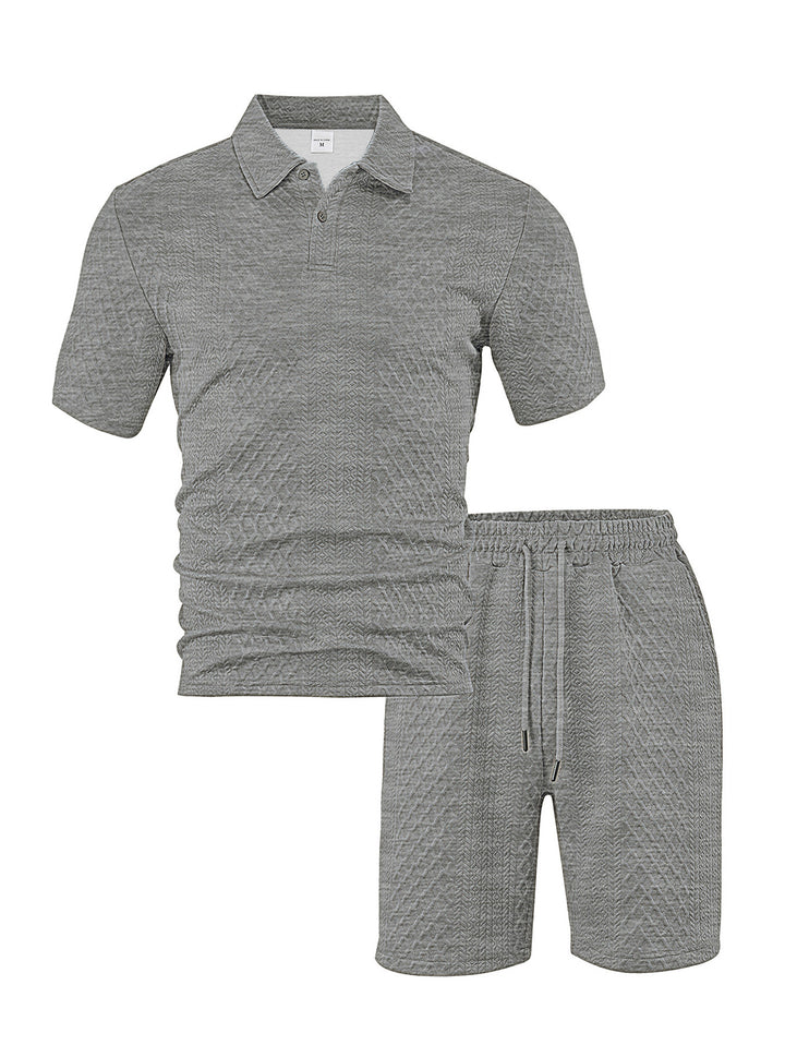 Herren nan eleganter Freizeit-Zweiteiler aus geprägtem Strick mit Polokragen Kurzarmshirt und Tunnelzug-Bermuda Echo Archiv