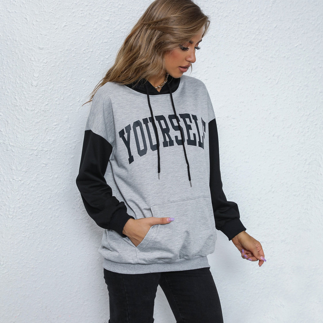 Damen Oversize-Kapuzenpullover mit College-Print, Kängurutasche und Kontrastärmeln Echoarchiv