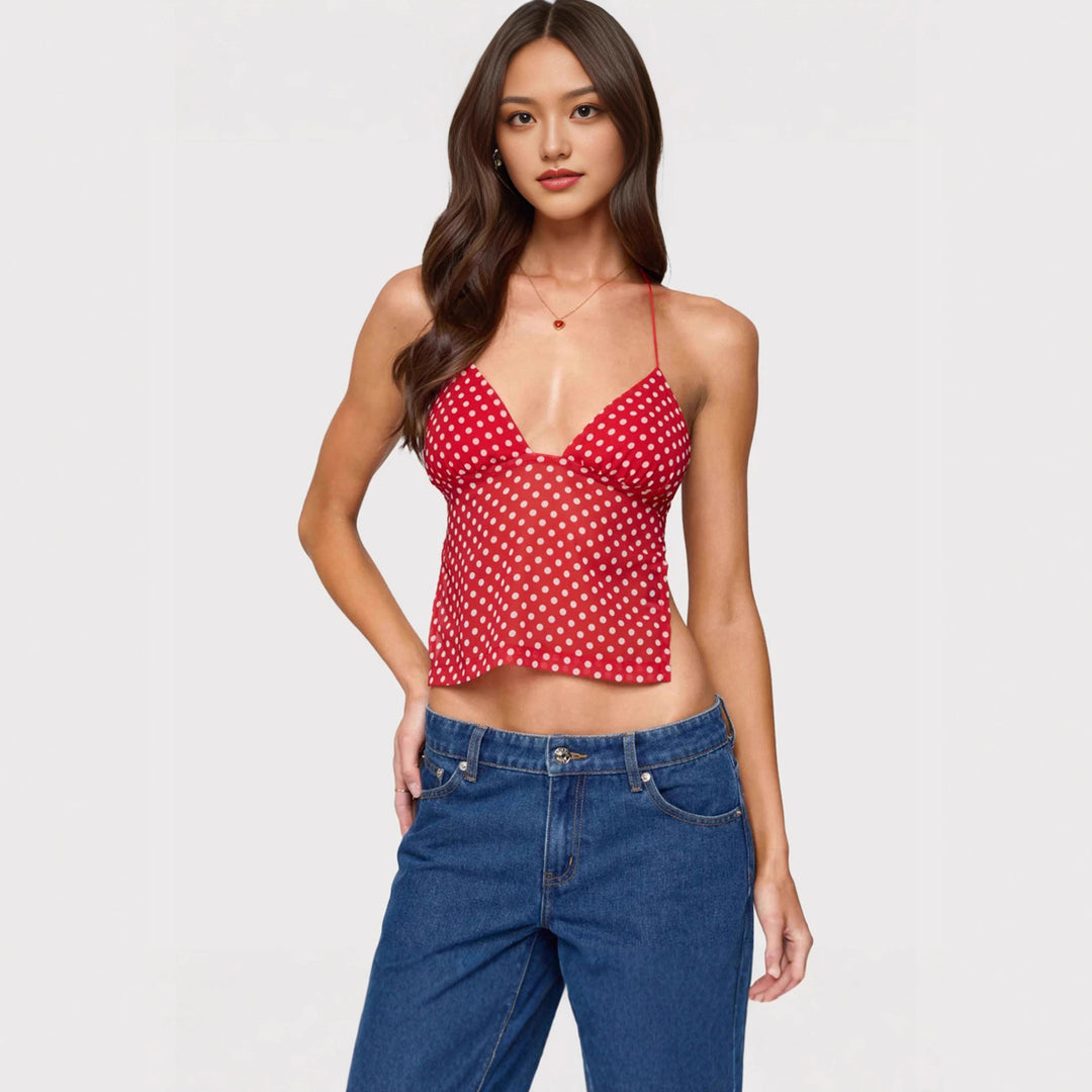 Damen Transparente Bluse mit Punktmuster und dehnten Trägern Echo Archiv