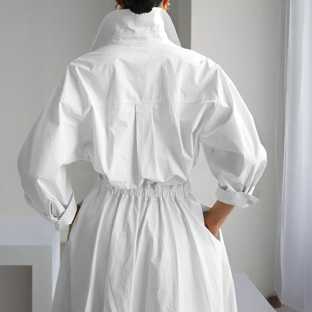 Damen tailliertes Hemdblusenkleid mit kastigem Kragen, mittellangen Ärmeln, Seitentaschen und ausgestelltem Tellerrock – Lunéa