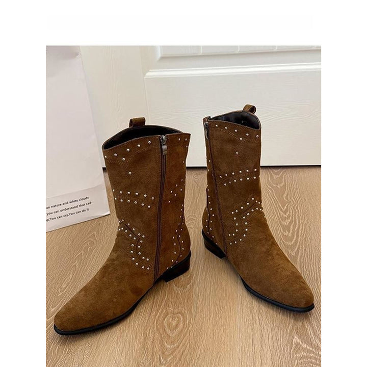 Damen Western-Ankleboots aus Veloursleder mit Nietenbesatz und seitlichem Reißverschluss – Varelle