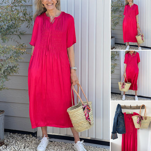 Damen nan lässiges Midikleid mit geraffter Brustpasse, filigratem Schlupfkragen, Bindeband und Seitentaschen Echo Archiv