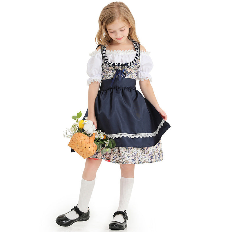 Damen nan kurzes Trachtenkleid mit floraler Miederstickerei, Schnürkorsage und Spitzen-Schürze Echo Archiv