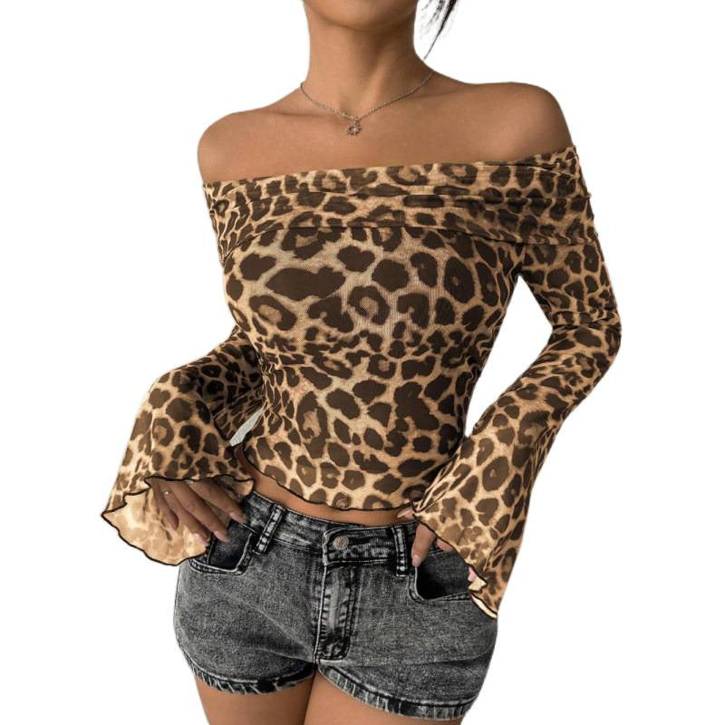 Damen Off-Shoulder Top mit lässigen Glockenärmel und animalischem Muster Echo Archiv