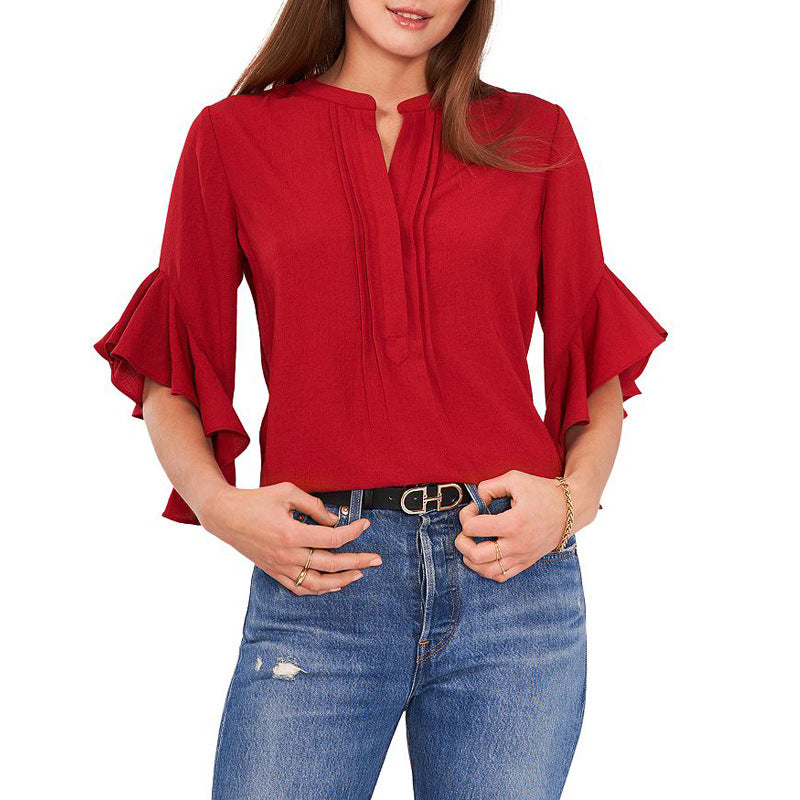 Damen Rüschen-Bluse mit V-Schlitz, lockerem Schnitt und Trompetenärmeln – Avérine