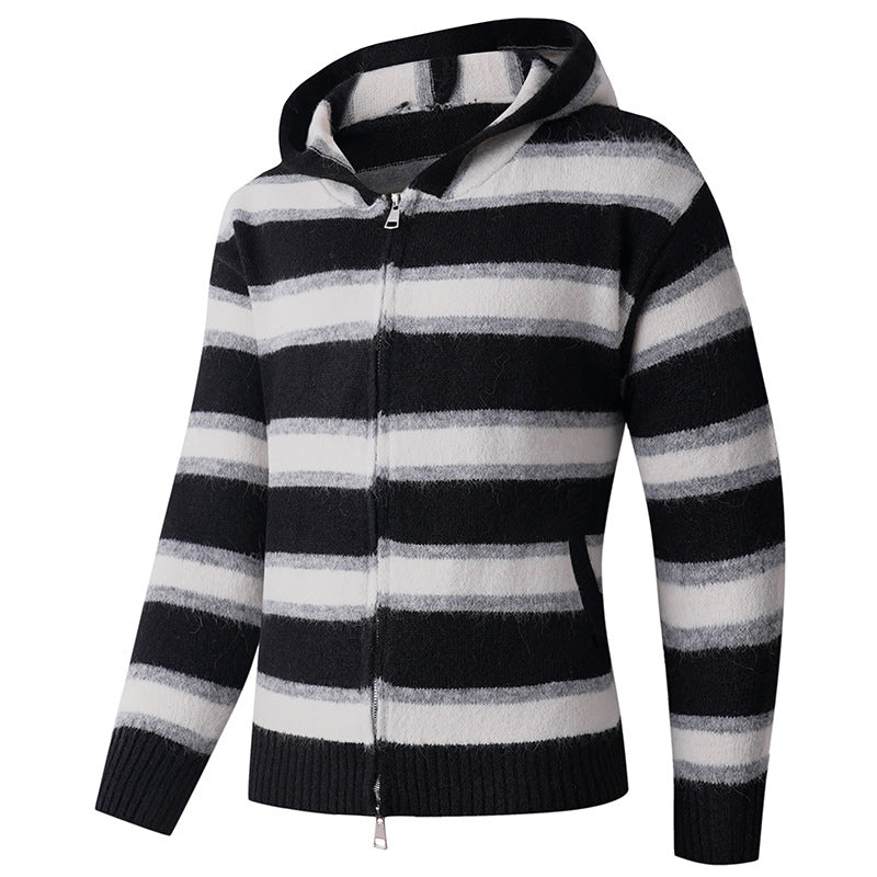 Herren Flauschige Kapuzen‑Strickjacke mit Doppelreißverschluss, Rippbündchen und horizontalem Streifenmuster Echo Archiv