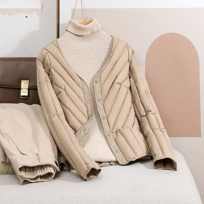 Damen Ultraleichte gesteppte Cardigan-Jacke mit V-Ausschnitt und Druckknopfverschluss Echoarchiv