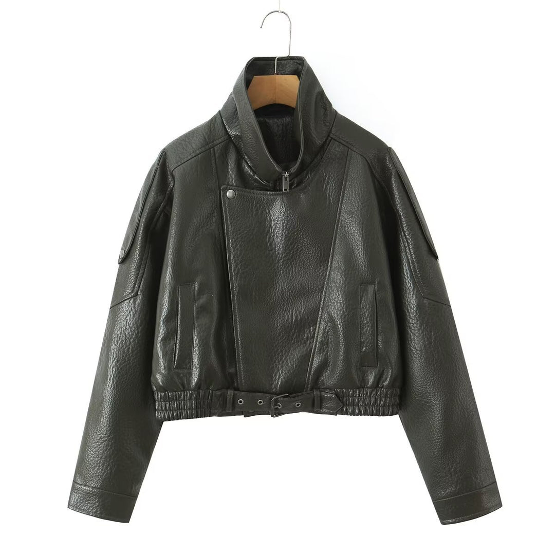 Damen Cropped Bikerblouson aus veganer Lederoptik mit asymmetrischer Frontpatte und Taillenbund Echoarchiv