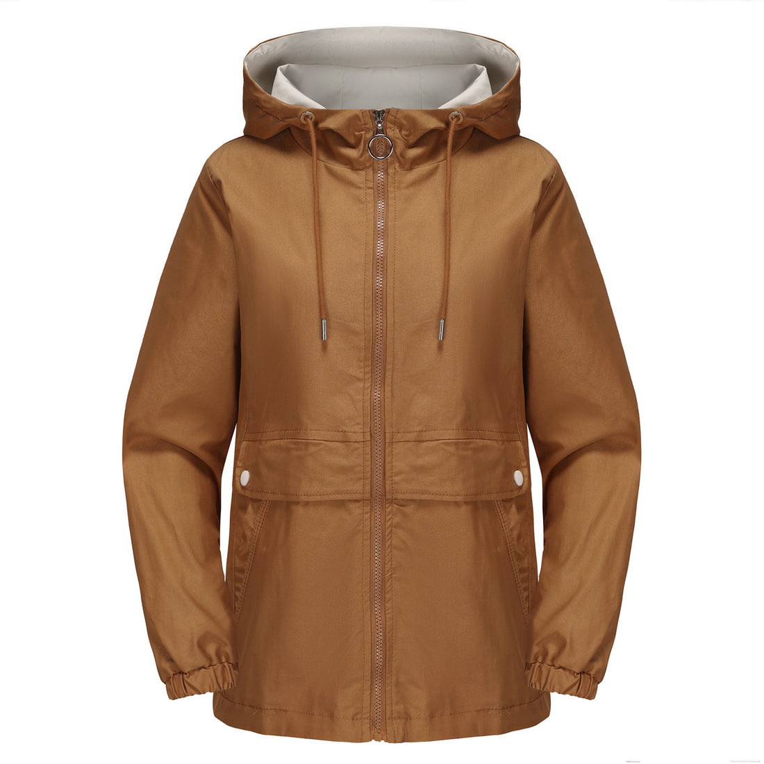 Damen leichter wasserabweisender Kapuzenparka mit Tunnelzug, Ringzipper und verdeckter Druckknopfleiste – Célinea