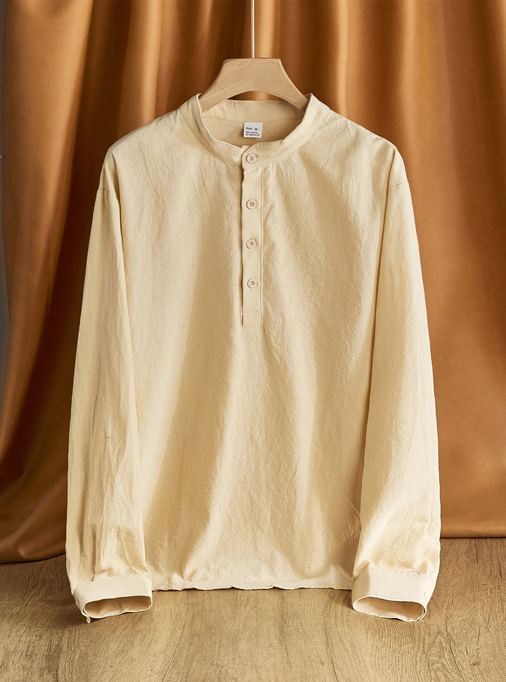 Herren nan Nehru-Kragen-Henley aus Baumwollstretch mit verdeckter Knopfleiste und schmaler Passform Echo Archiv