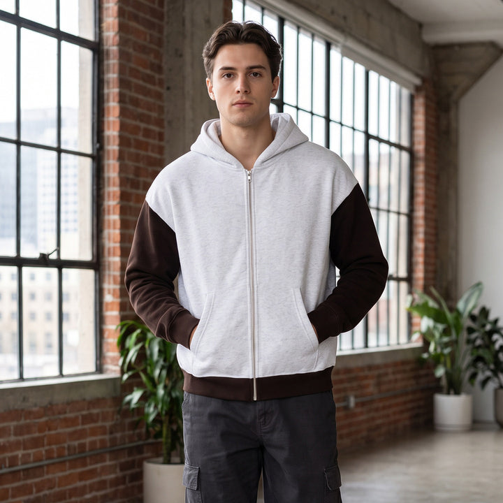 Herren Reißverschluss-Kapuzenjacke im Colorblock-Stil aus French-Terry mit Kängurutasche Echo Archiv