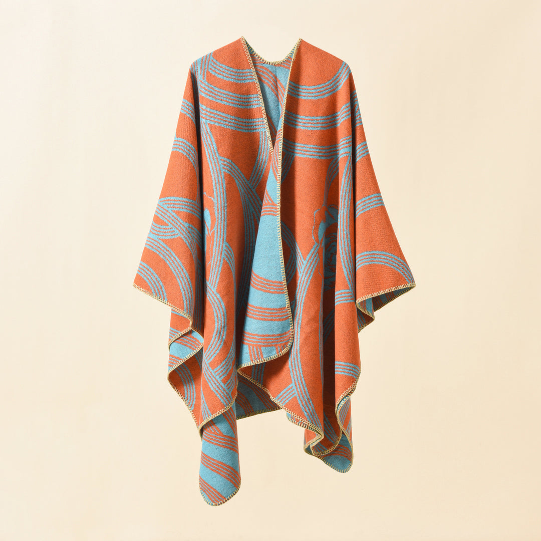 Damen Reversfreier Jacquard-Umhang im kastigen Oversize mit abstraktem Medaillonmuster Echo Archiv